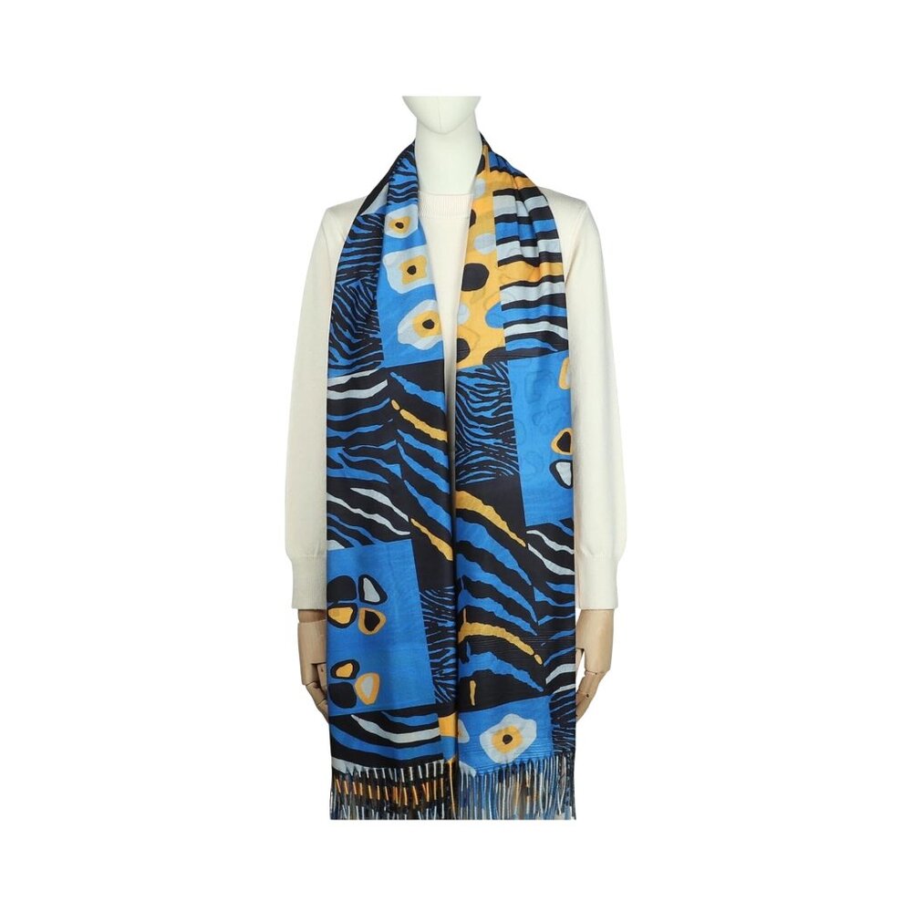 Abstract Animal Print Scarf With Fringe - Blue Yellow & Black
